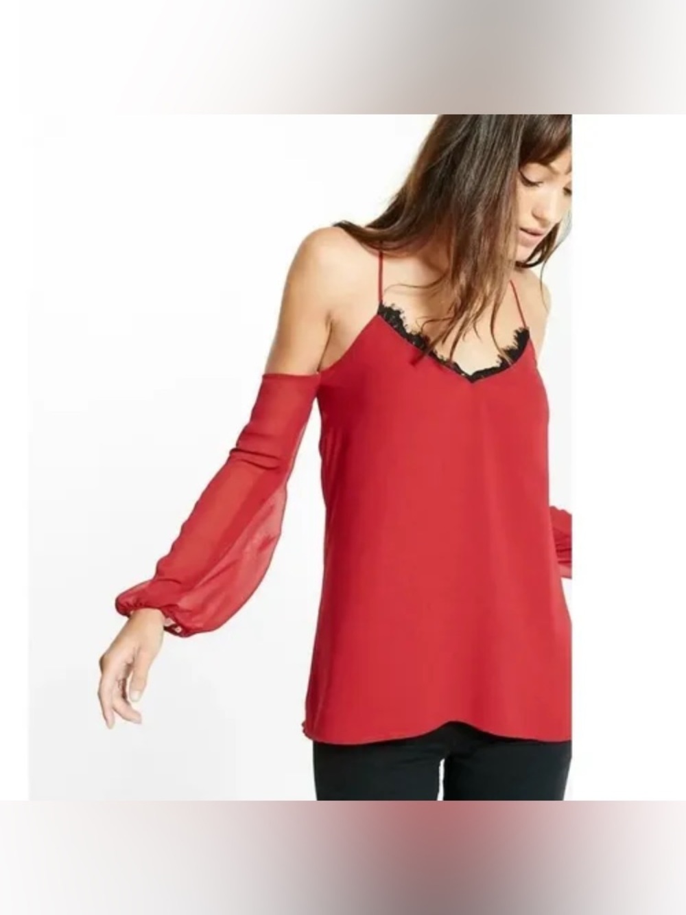 Express Red & Black Lace Cold Shoulder Lightweight Top